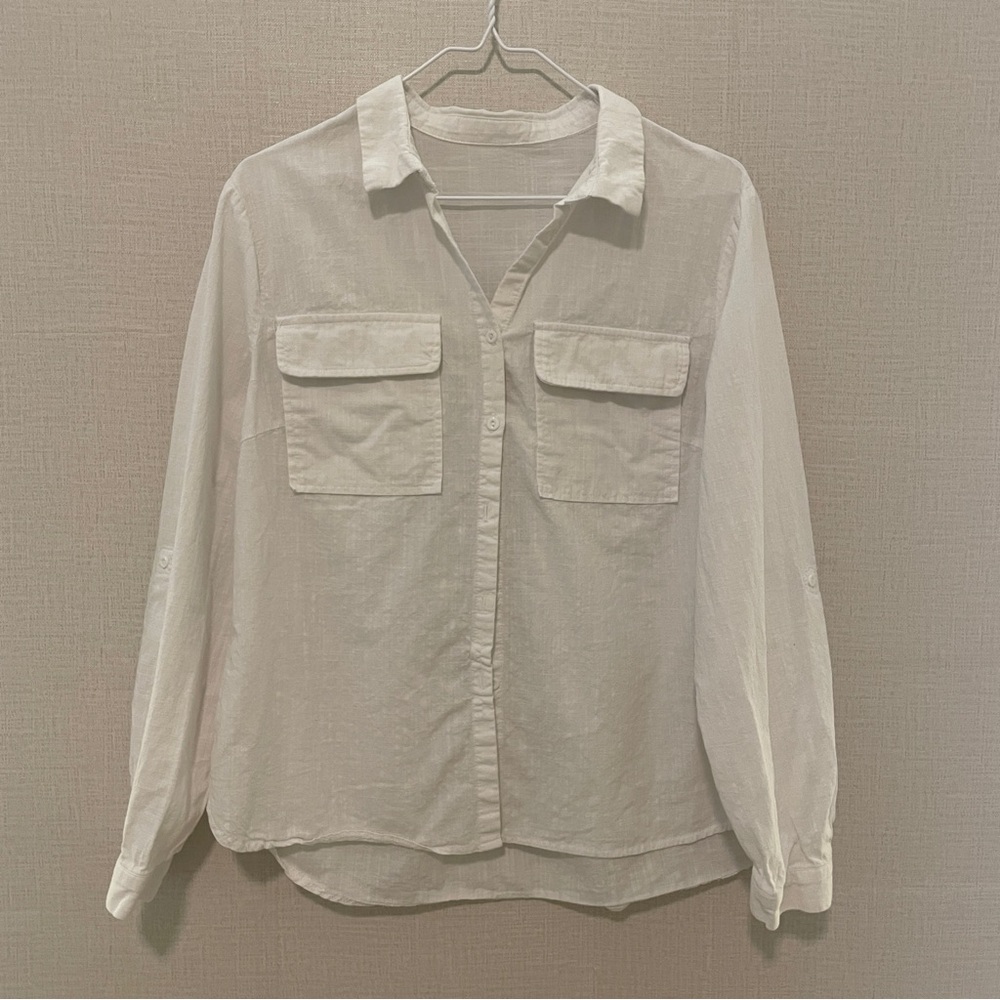 Linen like white button down blouse. Size large